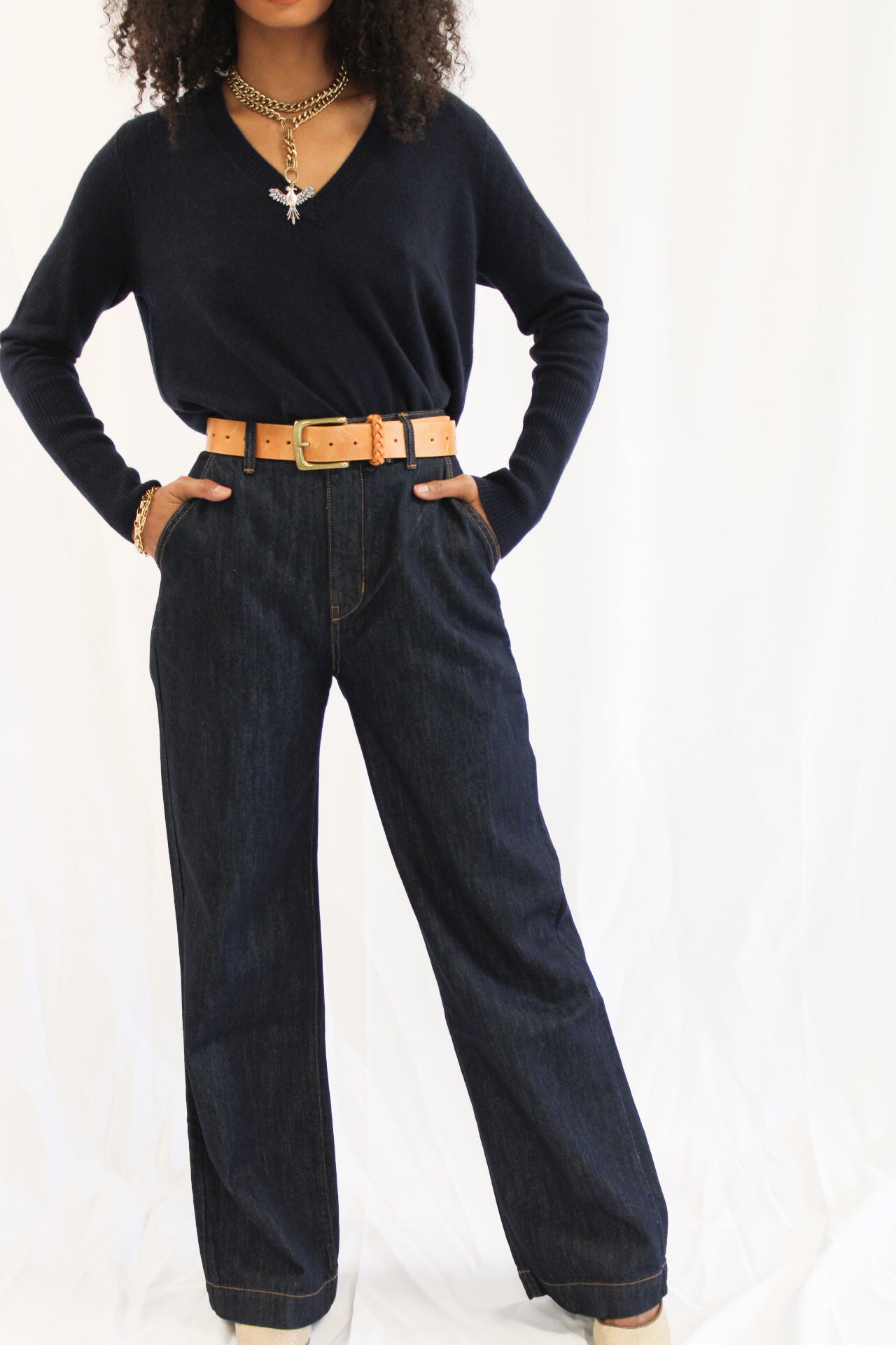 Modern Casual Wide Leg Trousers in Dark Blue Wash by NoEnd